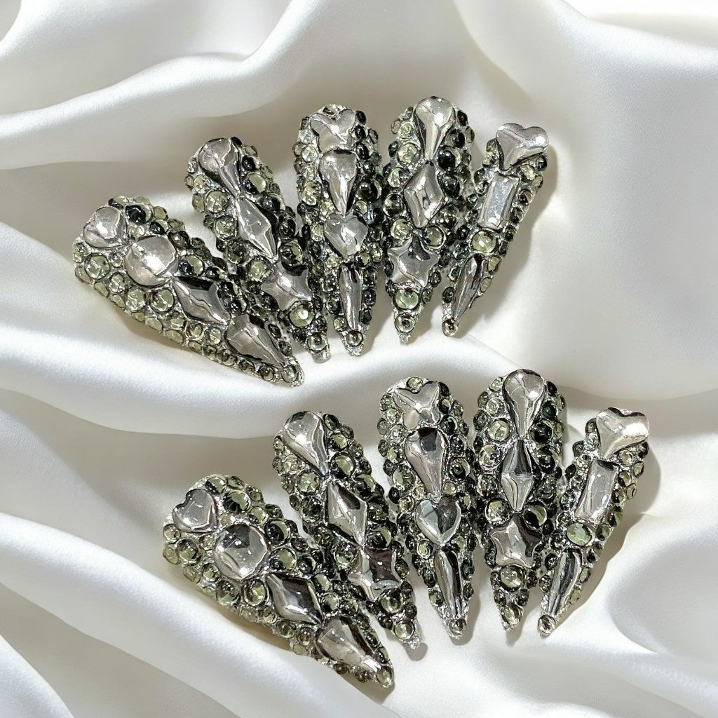 【FULLY ENCRUSTED Black Diamond】Luxury Diamonds Sparkle Princess Nails needlepoint  Handmade Press on Nails Nail Art