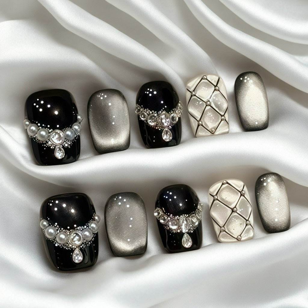 【STARRY BLACK CATEYE LATTICE】Luxury Diamonds Sparkle Princess Nails needlepoint  Handmade Press on Nail Nail Art