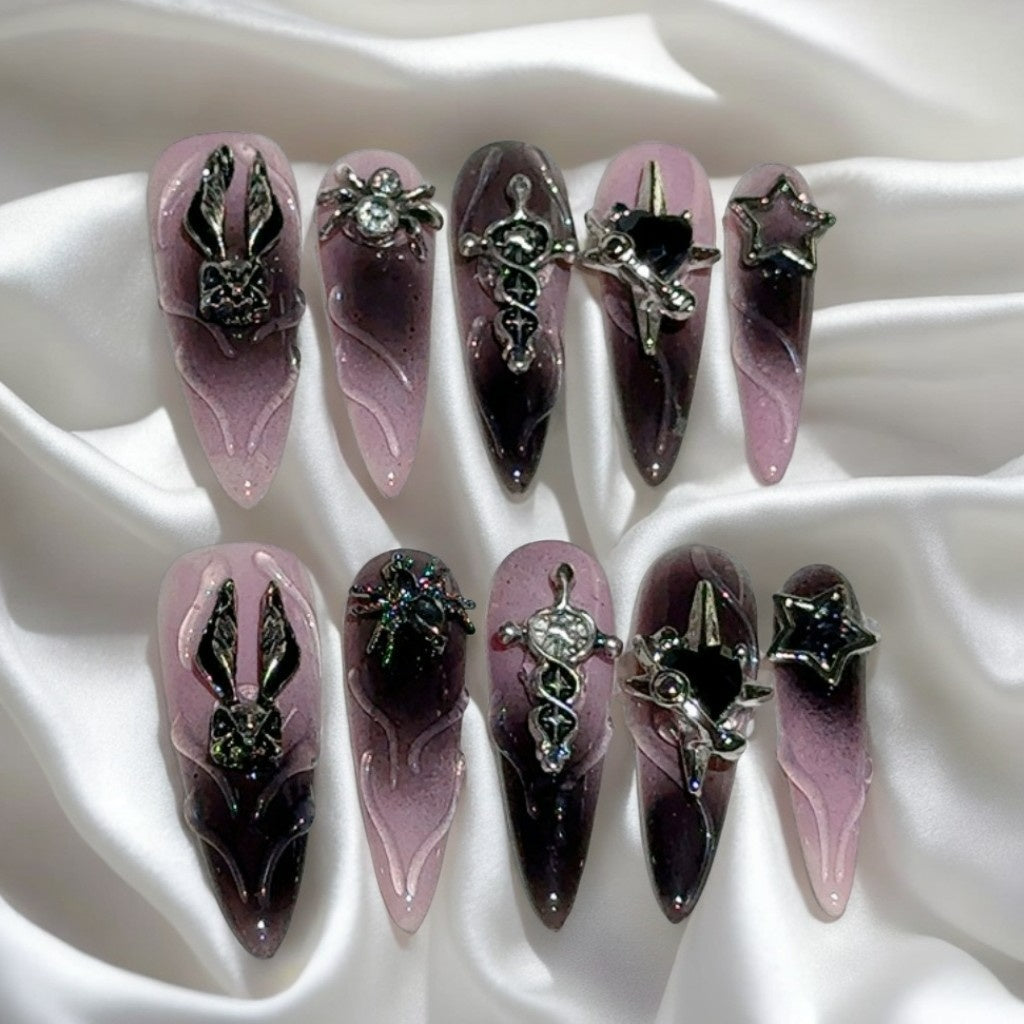 【Gothic Purple Gradient Cross】Luxury Diamonds Sparkle Princess Nails needlepoint  Handmade Press on Nails Nail Art