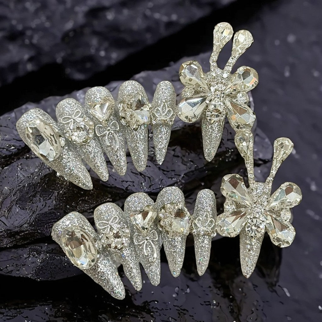 【FULLY ENCRUSTED DIAMOND】Luxury Diamonds Sparkle Princess Nails needlepoint  Handmade Press on Nails Nail Art