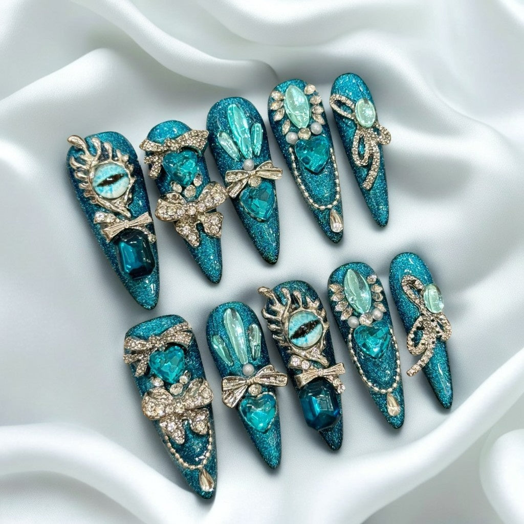 【DEMON EYE ENCRUSTED DIAMOND】Luxury Diamond Sparkle Princess Nails needlepoint  Handmade Press on Nails Nail Art