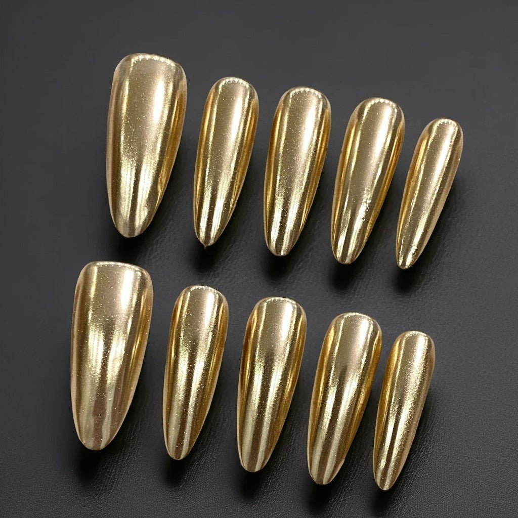 【Mirror Gold Stiletto】Luxury Diamonds Sparkle Princess Nails needlepoint  Handmade Press on Nails Nail Art