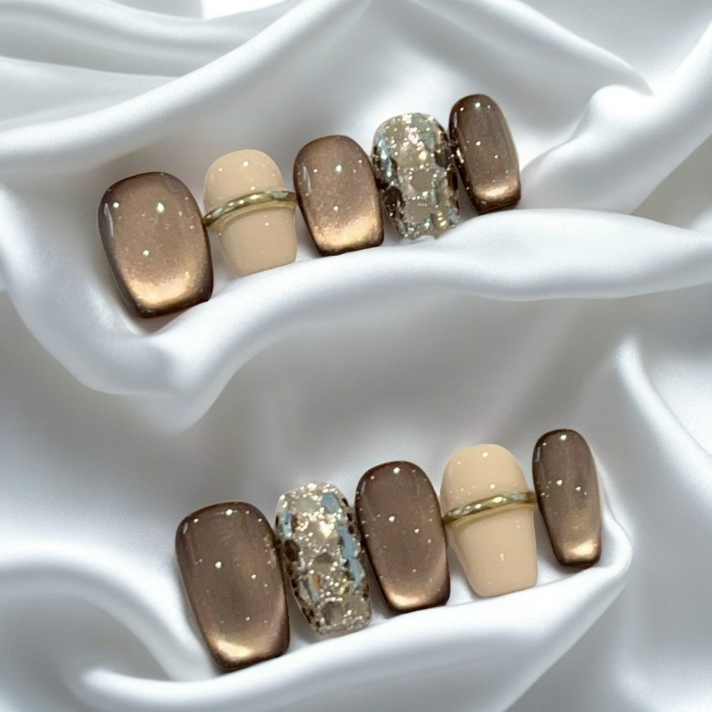 【Luxe Brown Cat-Eye】Luxury Diamonds Sparkle Princess Nails needlepoint  Handmade Press on Nails Nail Art cat eye Stunning