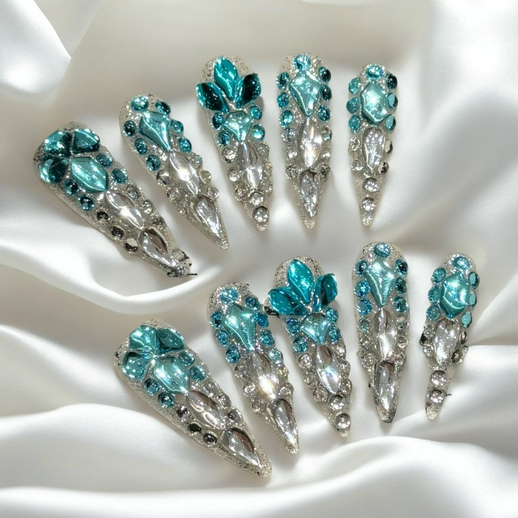【MERMAID TEARS OCEAN】Luxury Diamonds Sparkle Princess Nails needlepoint  Handmade Press on Nails Nail Art
