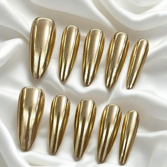 【Mirror Gold Stiletto】Luxury Diamonds Sparkle Princess Nails needlepoint  Handmade Press on Nails Nail Art