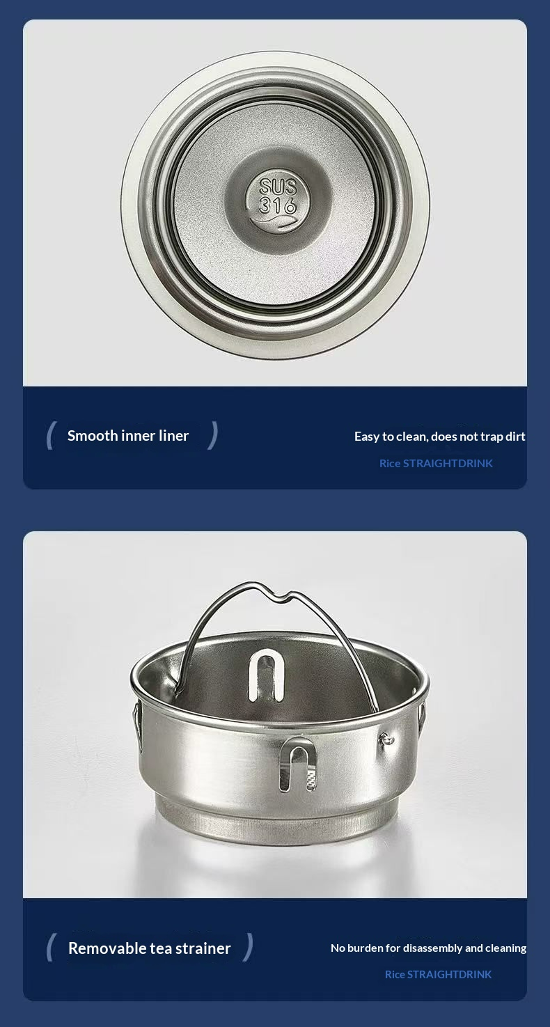3D-designed tea-water separator with temperature display, insulated flask, 316L stainless steel