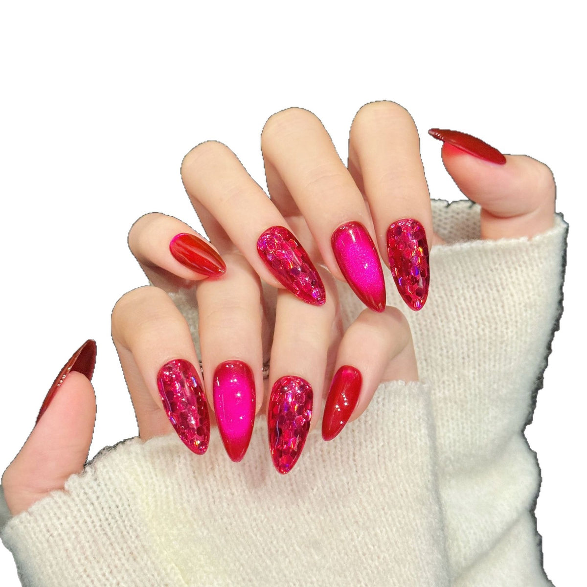 【DRAGON FRUIT CAT EYE】Luxury Diamonds Sparkle Princess Nails needlepoint  Handmade Press on Nails Nail Art