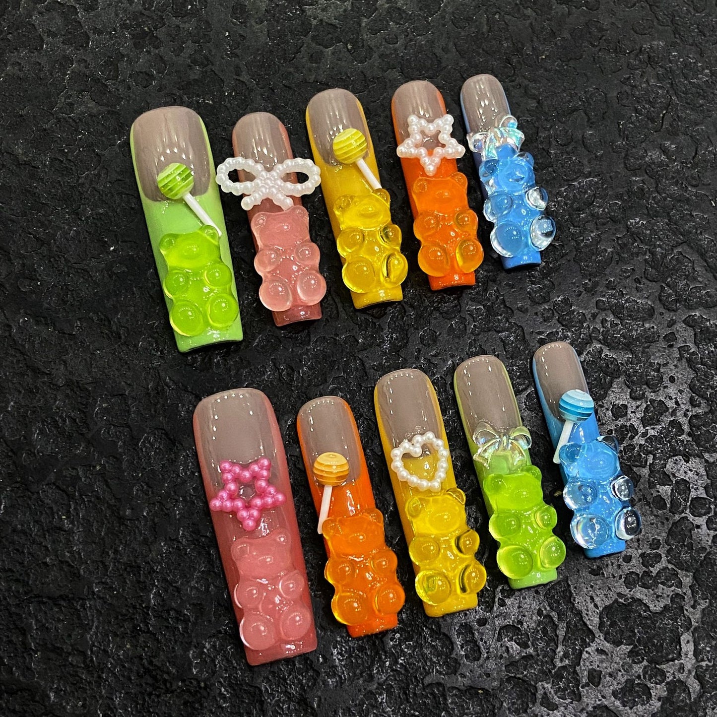 【3D MACARON BEAR Y2K】Luxury Diamonds Sparkle Princess Nails needlepoint  Handmade Press on Nails