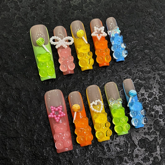 【3D MACARON BEAR Y2K】Luxury Diamonds Sparkle Princess Nails needlepoint  Handmade Press on Nails