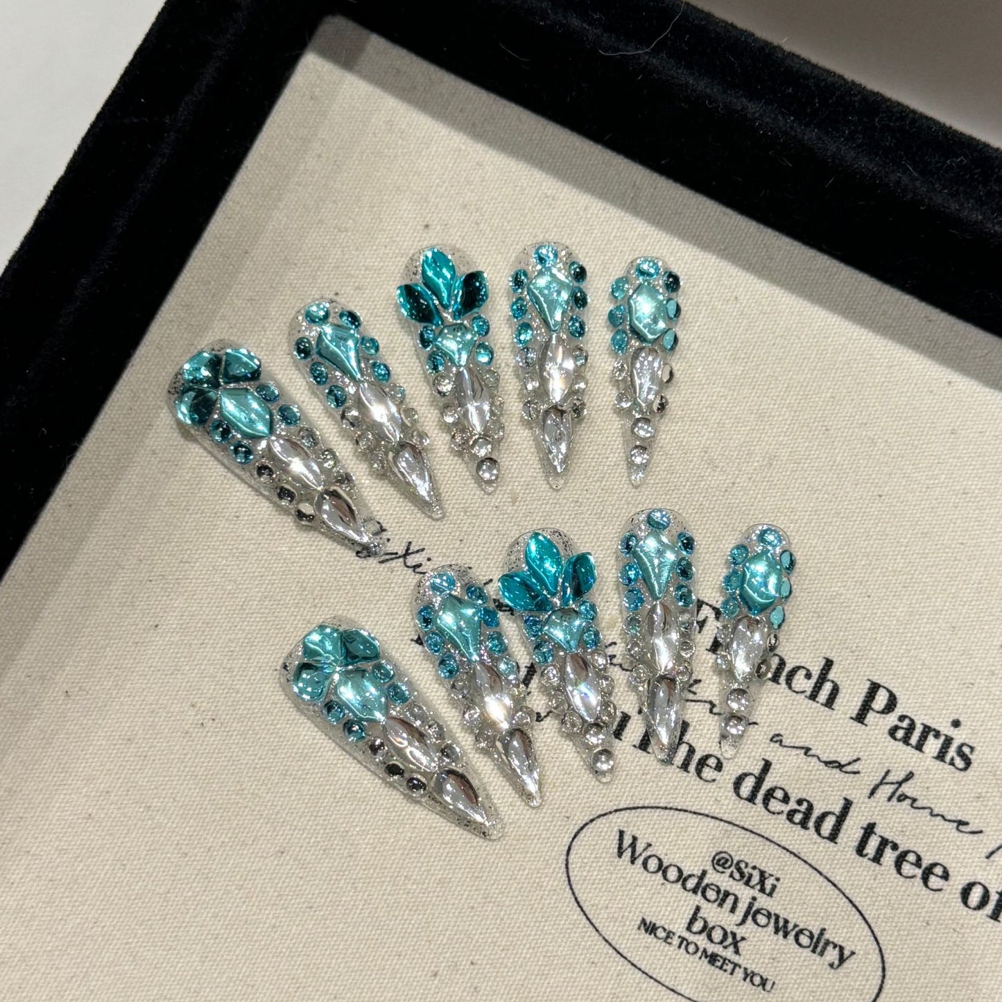 【MERMAID TEARS OCEAN】Luxury Diamonds Sparkle Princess Nails needlepoint  Handmade Press on Nails Nail Art