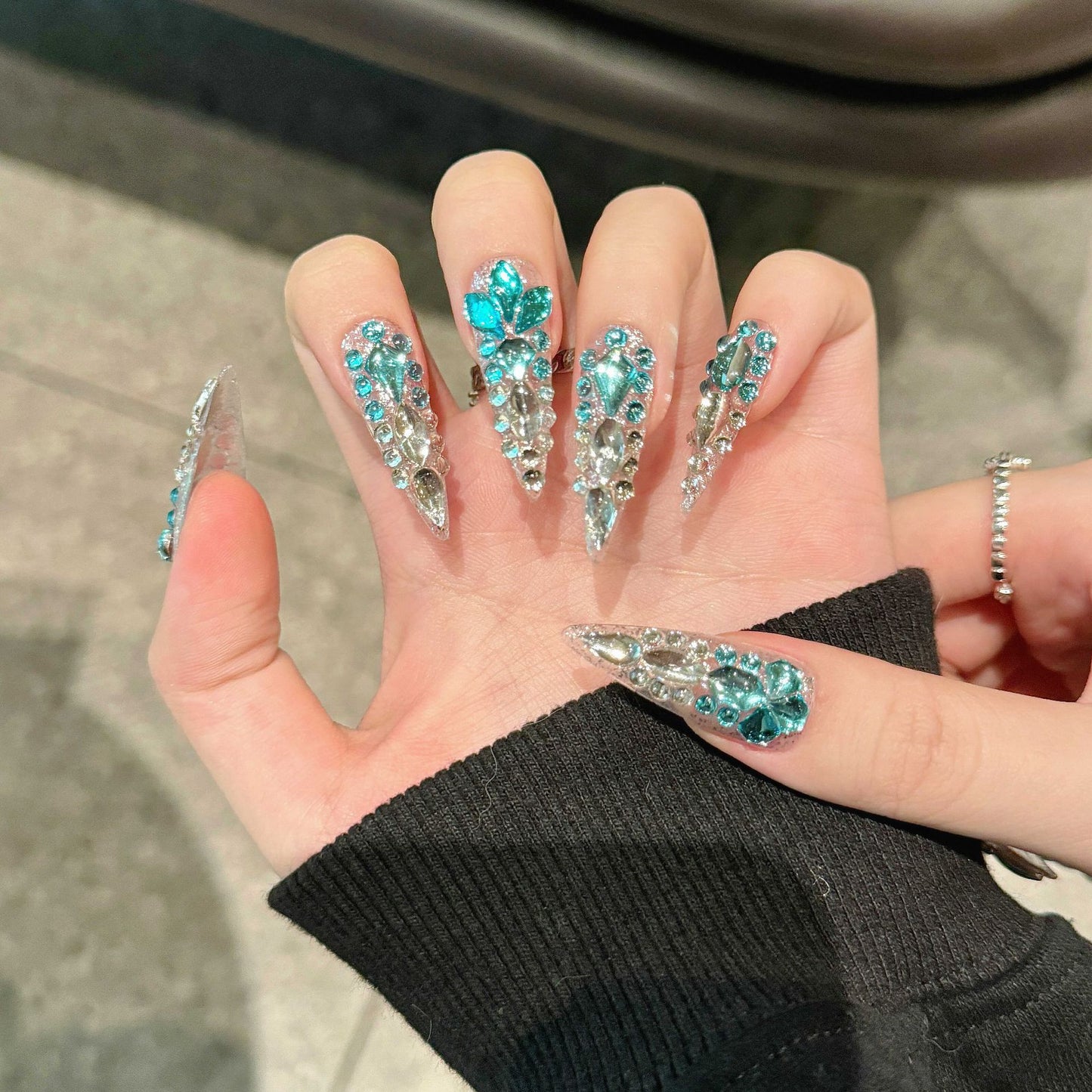 【MERMAID TEARS OCEAN】Luxury Diamonds Sparkle Princess Nails needlepoint  Handmade Press on Nails Nail Art
