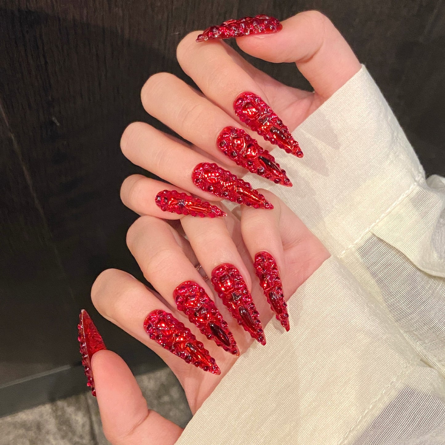 【Red Devil Full-Bling】Luxury Diamonds Sparkle Princess Nails needlepoint  Handmade Press on Nails Nail Art