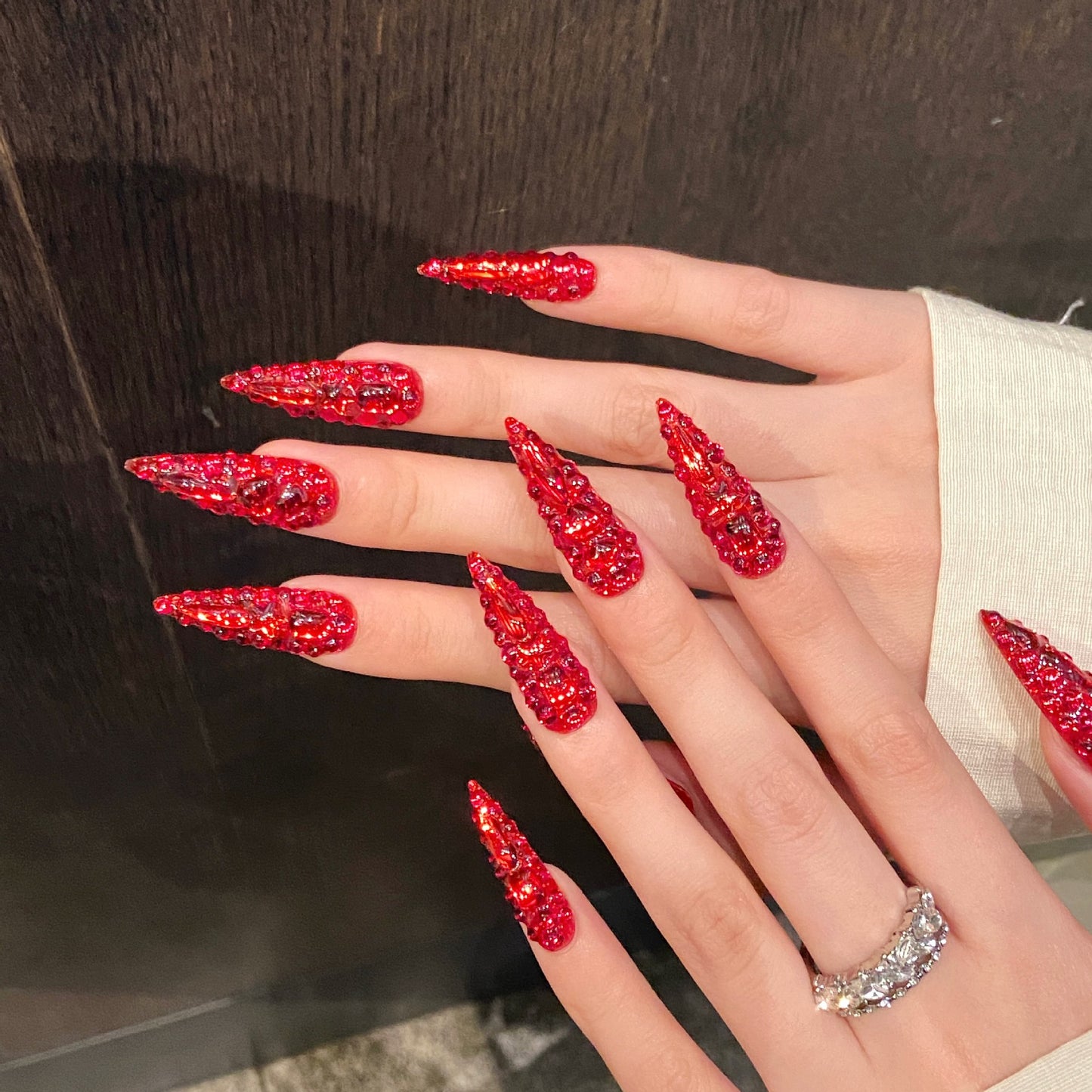 【Red Devil Full-Bling】Luxury Diamonds Sparkle Princess Nails needlepoint  Handmade Press on Nails Nail Art