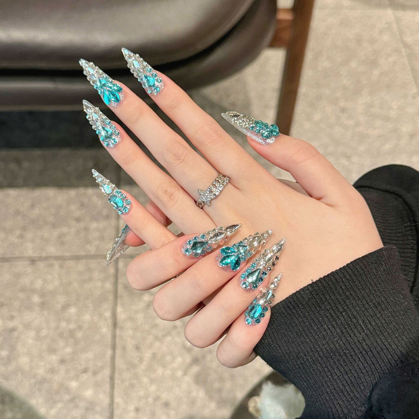 【MERMAID TEARS OCEAN】Luxury Diamonds Sparkle Princess Nails needlepoint  Handmade Press on Nails Nail Art