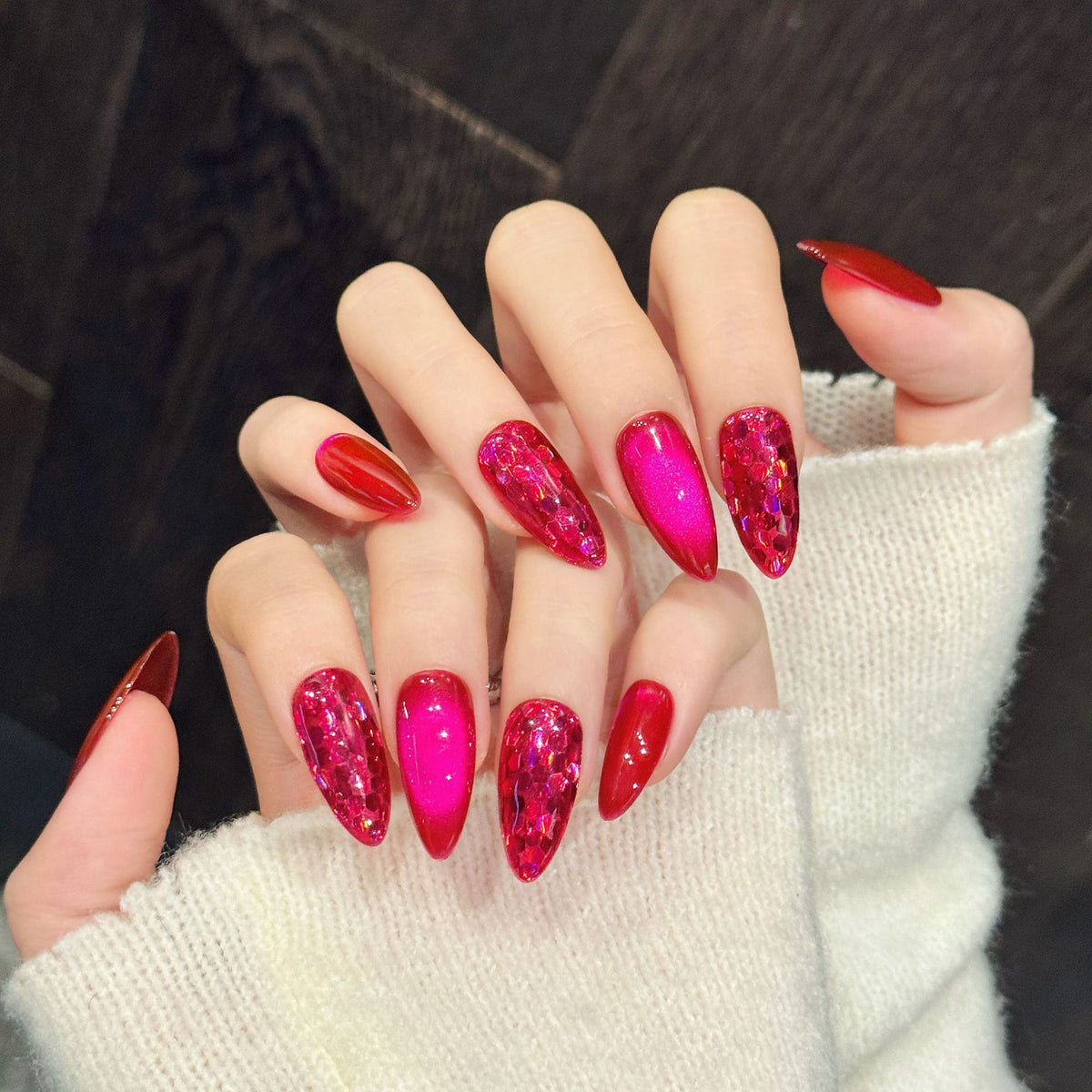 【DRAGON FRUIT CAT EYE】Luxury Diamonds Sparkle Princess Nails needlepoint  Handmade Press on Nails Nail Art