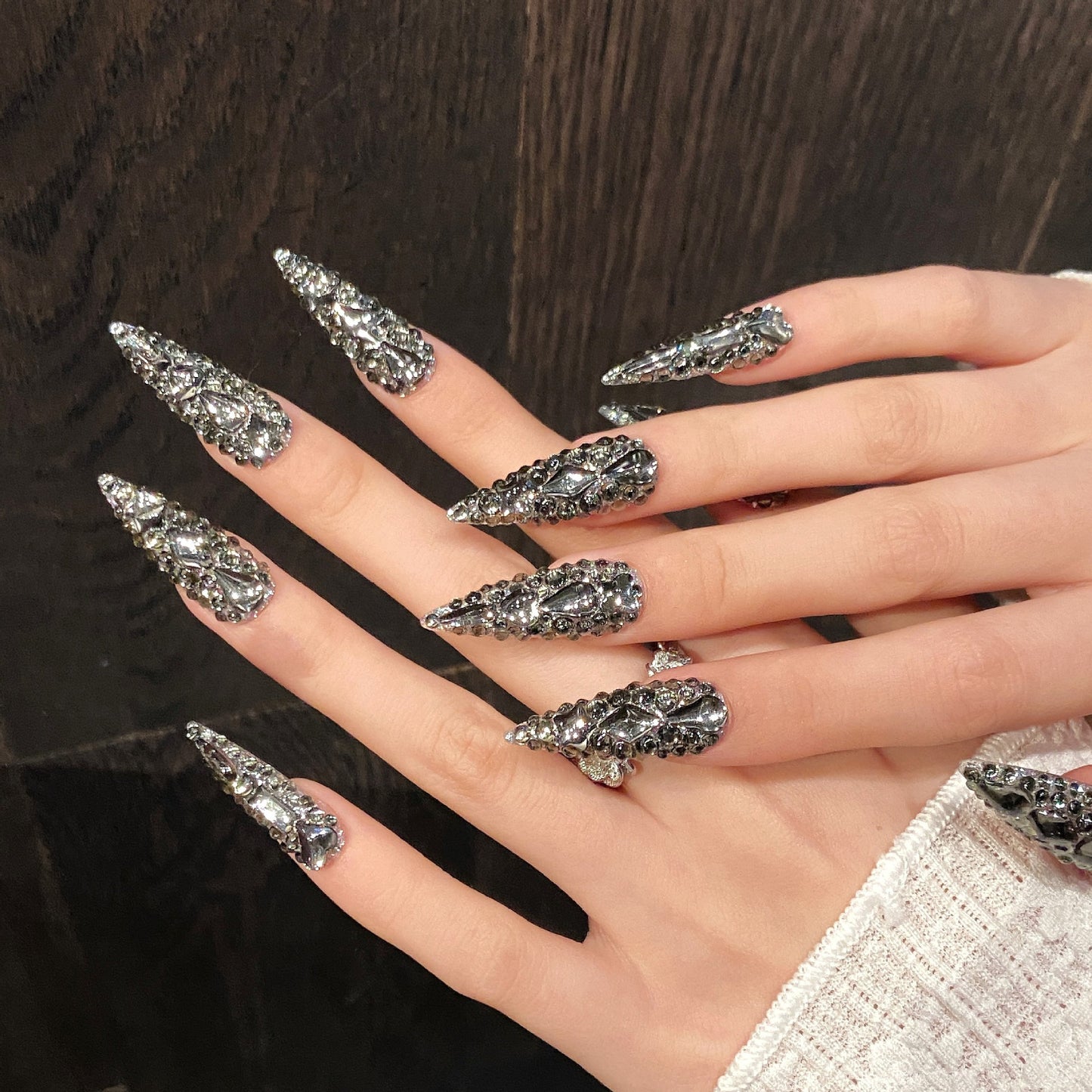 【FULLY ENCRUSTED Black Diamond】Luxury Diamonds Sparkle Princess Nails needlepoint  Handmade Press on Nails Nail Art