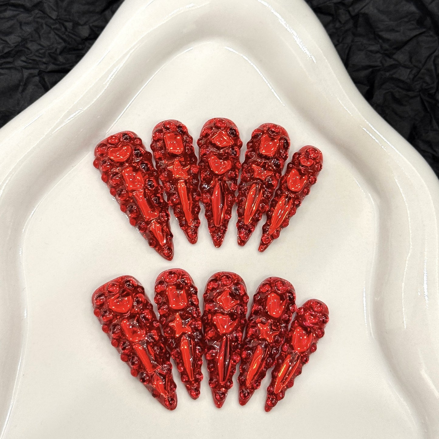 【Red Devil Full-Bling】Luxury Diamonds Sparkle Princess Nails needlepoint  Handmade Press on Nails Nail Art