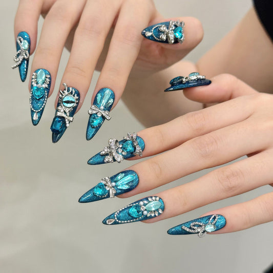 【DEMON EYE ENCRUSTED DIAMOND】Luxury Diamond Sparkle Princess Nails needlepoint  Handmade Press on Nails Nail Art