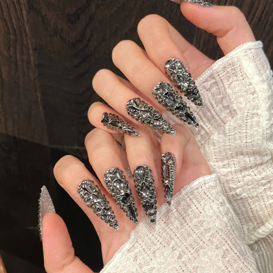 【FULLY ENCRUSTED Black Diamond】Luxury Diamonds Sparkle Princess Nails needlepoint  Handmade Press on Nails Nail Art