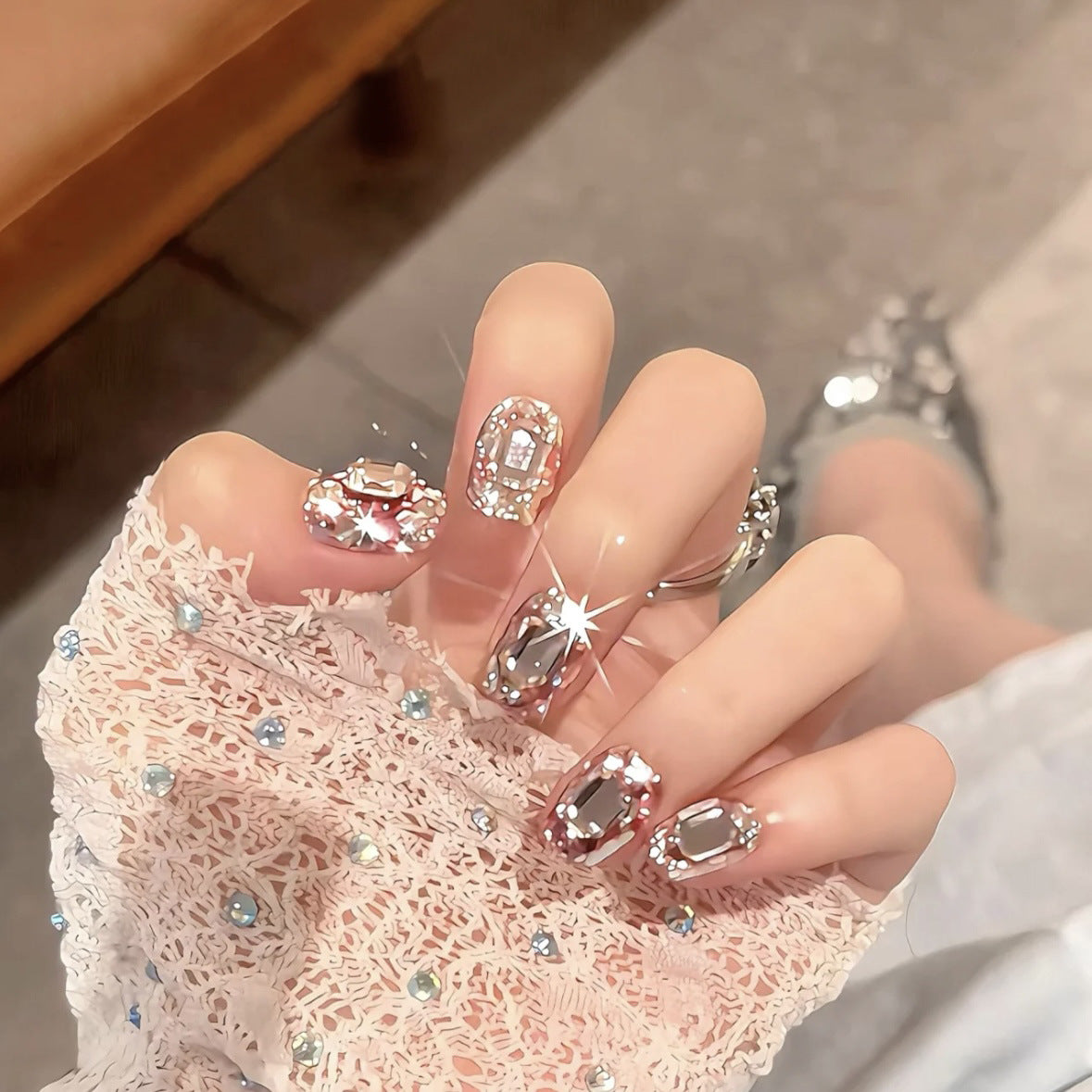 【FULLY ENCRUSTED DIAMOND】Luxury Diamonds Sparkle Princess Nails needlepoint  Handmade Press on Nails Nail Art