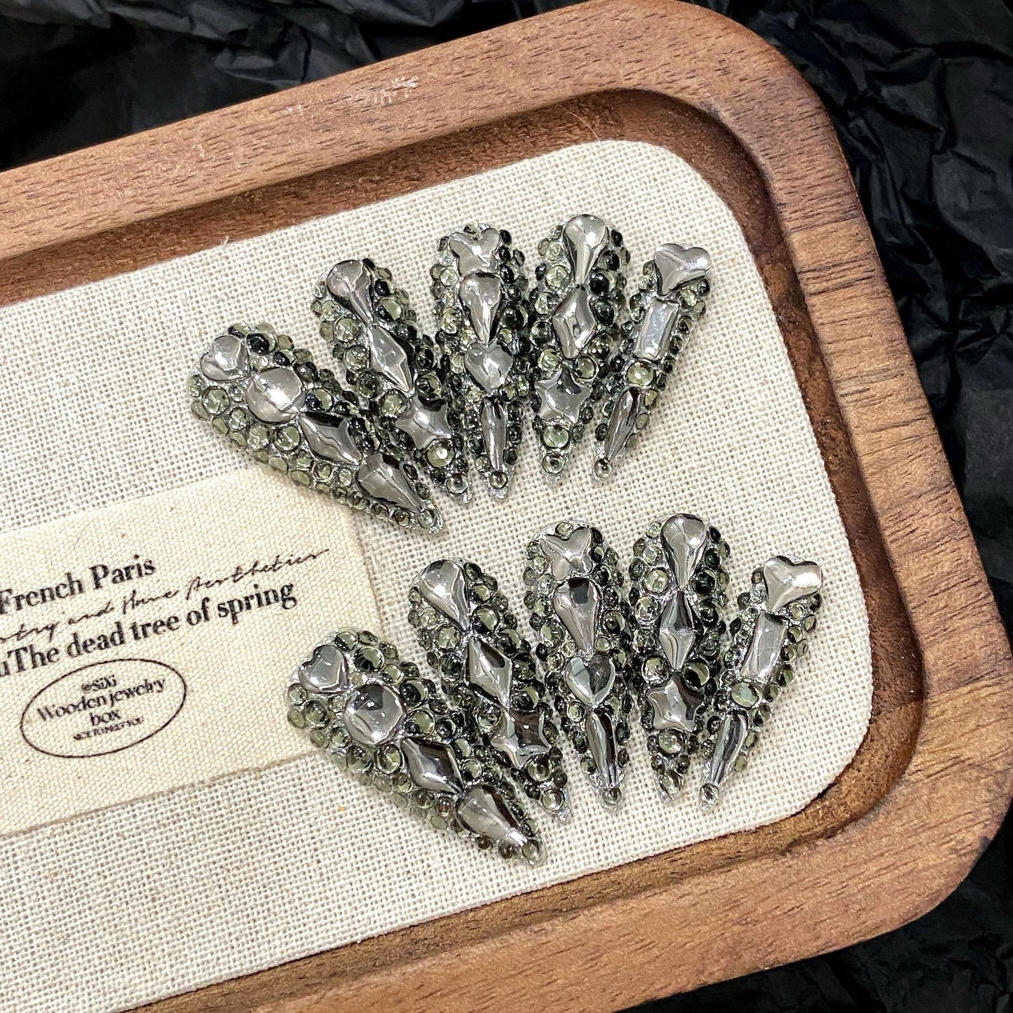 【FULLY ENCRUSTED Black Diamond】Luxury Diamonds Sparkle Princess Nails needlepoint  Handmade Press on Nails Nail Art