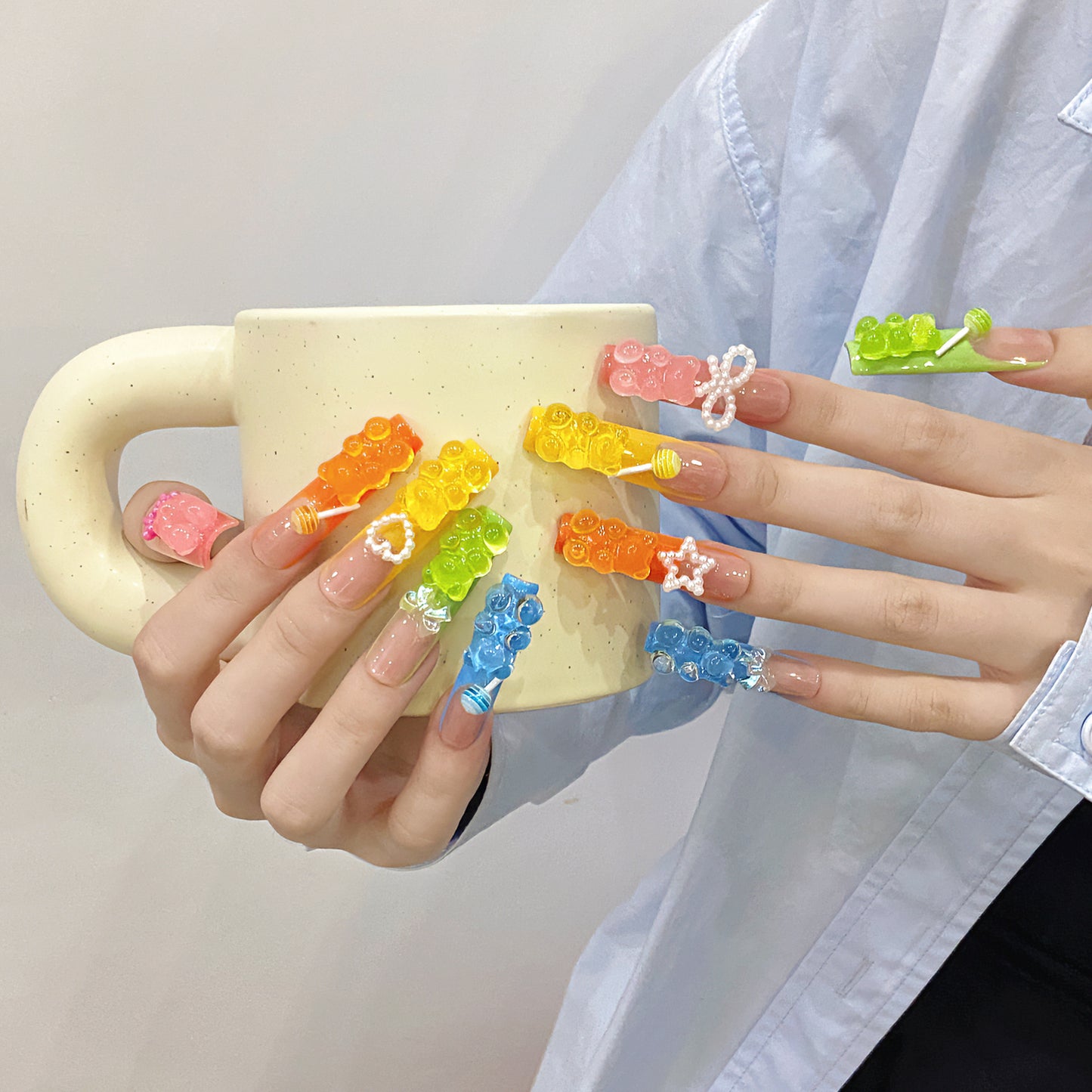 【3D MACARON BEAR Y2K】Luxury Diamonds Sparkle Princess Nails needlepoint  Handmade Press on Nails