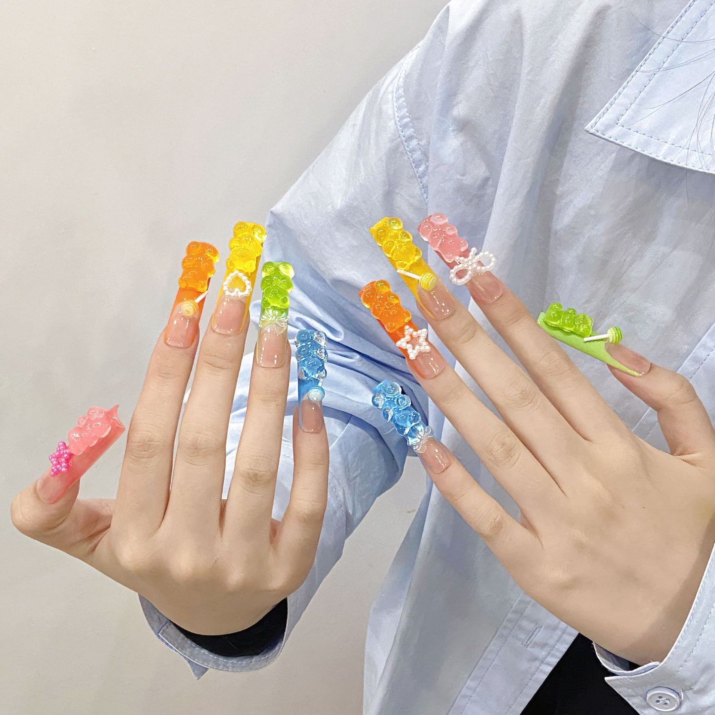 【3D MACARON BEAR Y2K】Luxury Diamonds Sparkle Princess Nails needlepoint  Handmade Press on Nails
