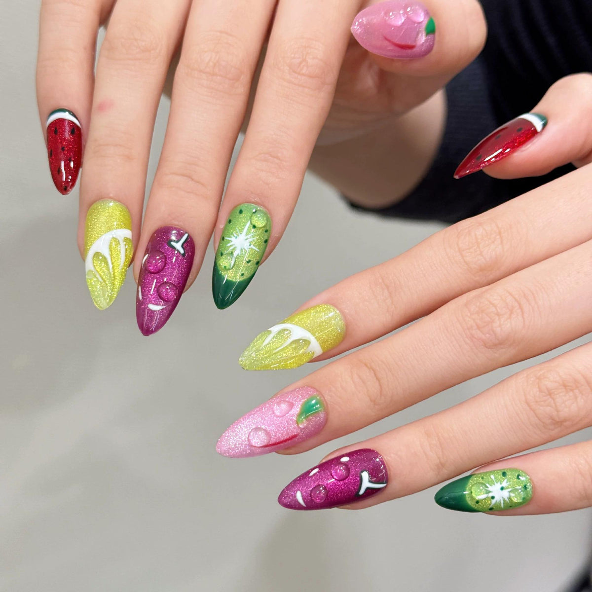 【Fruit Party Cat Eye】Luxury Diamonds Sparkle Princess Nails needlepoint  Handmade Press on Nails Nail Art cat eye