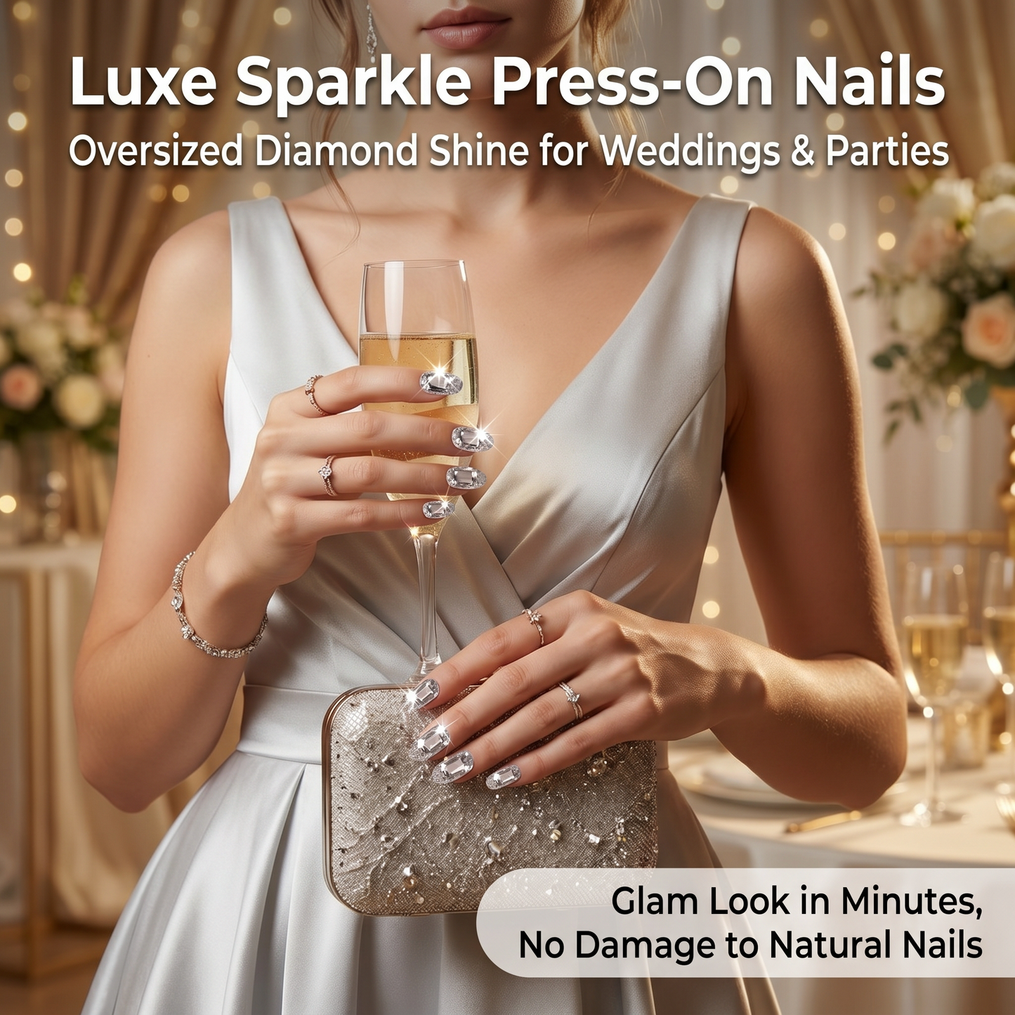 【SILVER FULL DIAMOND】Press On NAILS – LUXE BLING!