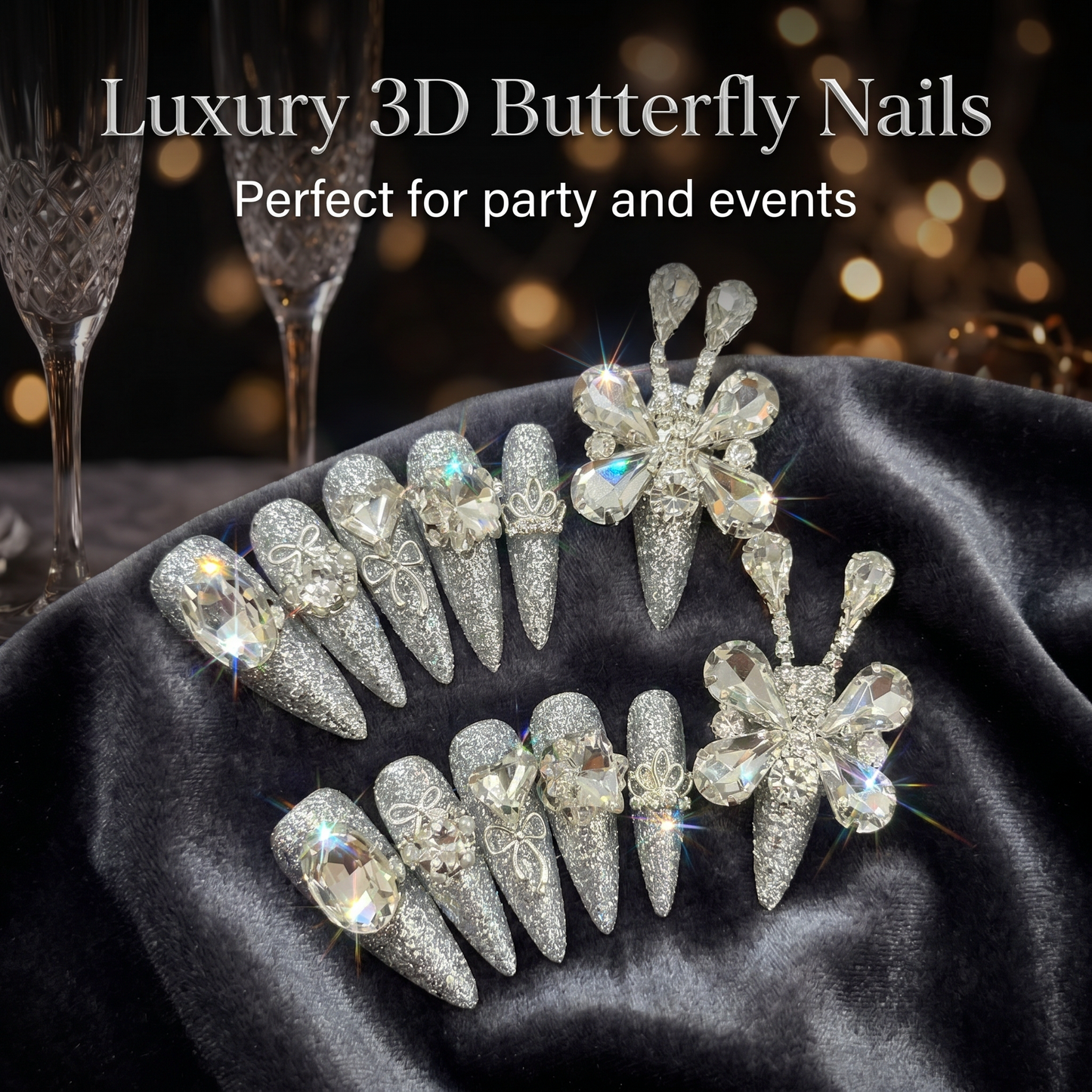 【FULLY ENCRUSTED DIAMOND】Luxury Diamonds Sparkle Princess Nails needlepoint  Handmade Press on Nails Nail Art
