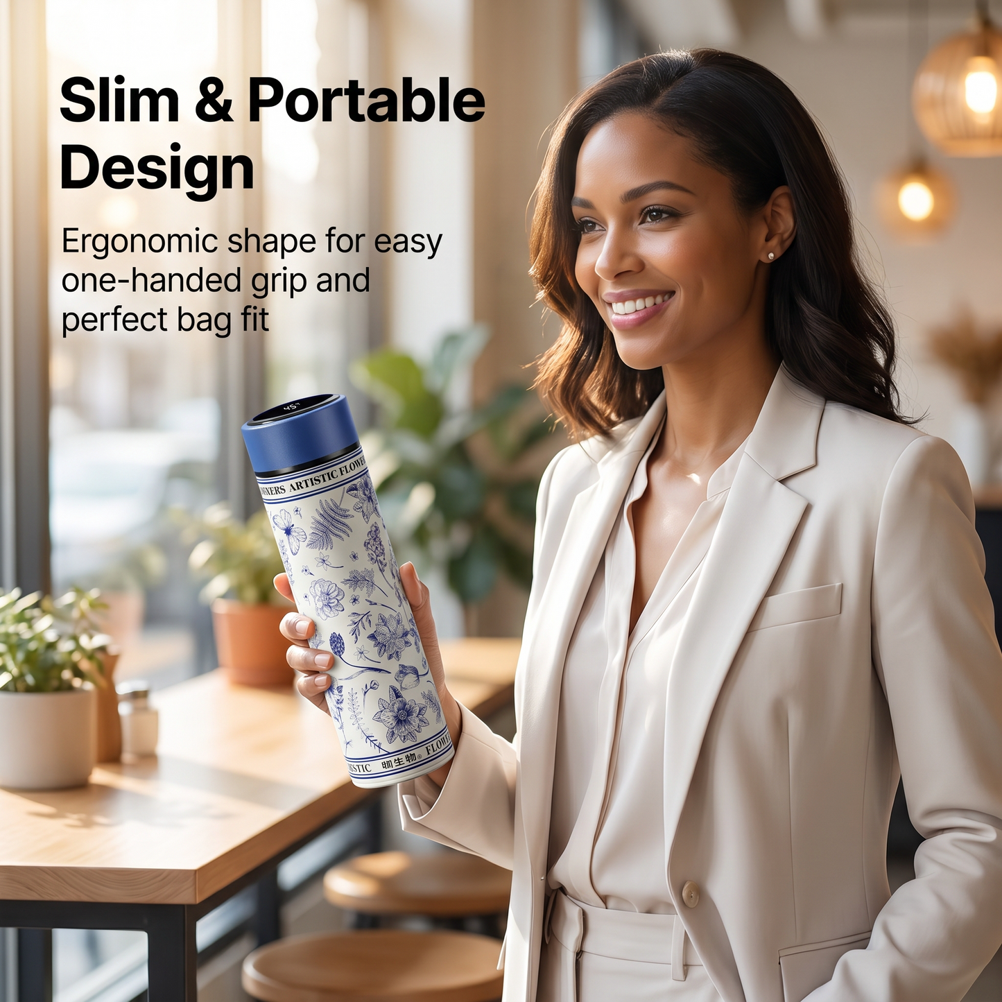 3D-designed tea-water separator with temperature display, insulated flask, 316L stainless steel