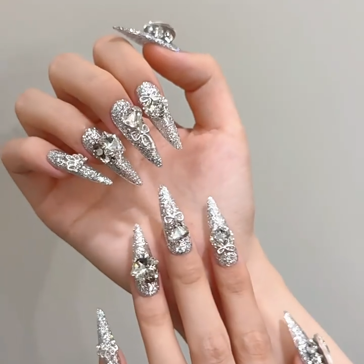 【FULLY ENCRUSTED DIAMOND】Luxury Diamonds Sparkle Princess Nails needlepoint  Handmade Press on Nails Nail Art