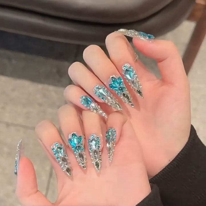 【MERMAID TEARS OCEAN】Luxury Diamonds Sparkle Princess Nails needlepoint  Handmade Press on Nails Nail Art