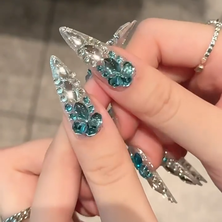 【MERMAID TEARS OCEAN】Luxury Diamonds Sparkle Princess Nails needlepoint  Handmade Press on Nails Nail Art