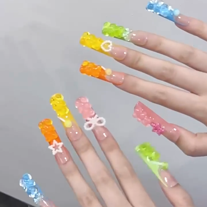 【3D MACARON BEAR Y2K】Luxury Diamonds Sparkle Princess Nails needlepoint  Handmade Press on Nails