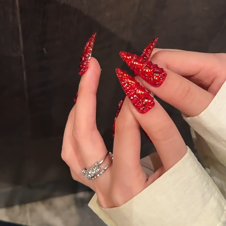 【Red Devil Full-Bling】Luxury Diamonds Sparkle Princess Nails needlepoint  Handmade Press on Nails Nail Art