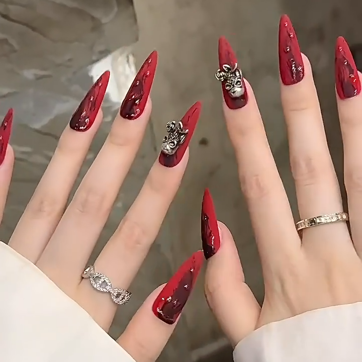 【Ghost Face Red Cat-Eye】Luxury Diamonds Sparkle Princess Nails needlepoint  Handmade Press on Nails Nail Art
