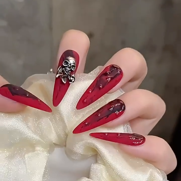 【Ghost Face Red Cat-Eye】Luxury Diamonds Sparkle Princess Nails needlepoint  Handmade Press on Nails Nail Art