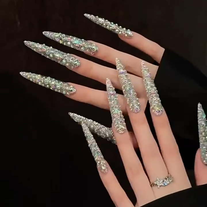 【DIAMOND BOMB】Luxury Diamonds Sparkle Princess Nails needlepoint  Handmade Press on Nails Nail Art