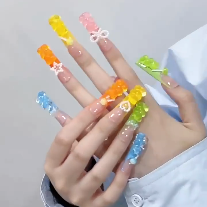 【3D MACARON BEAR Y2K】Luxury Diamonds Sparkle Princess Nails needlepoint  Handmade Press on Nails