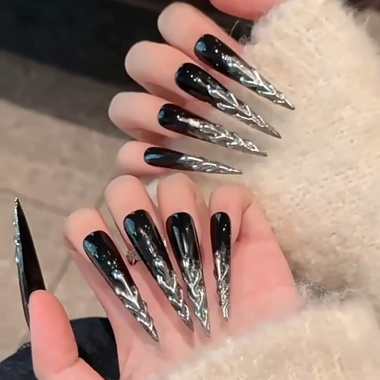 【Dark Silver Tree Gothic】Luxury Diamonds Sparkle Princess Nails needlepoint  Handmade Press on Nails Nail Art